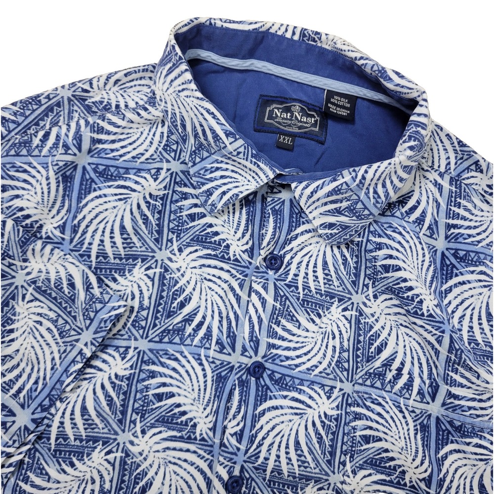 Nat Nast Luxury Originals Mens 2XL Blue White Floral Hawaiian Button Up Silk